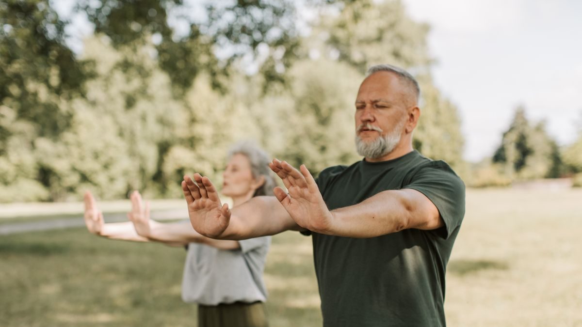 Two older adults practicing tai chi outdoors, focused and steady